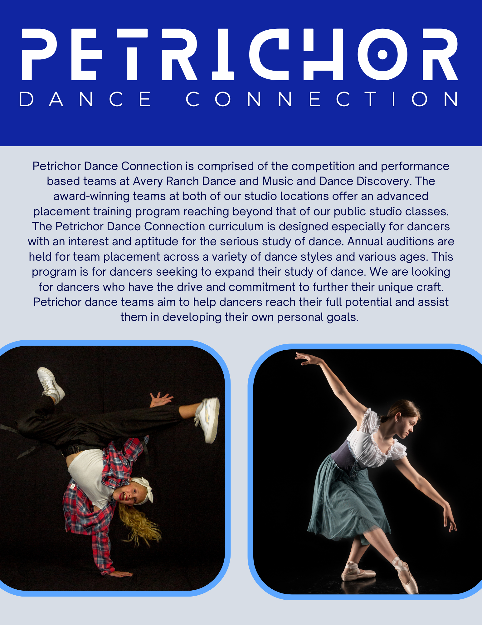 At Petrichor Dance Alliance, the award-winning performance teams at both of our studio locations offer an advanced placement training program reaching beyond that of our public studio classes. The P (3)